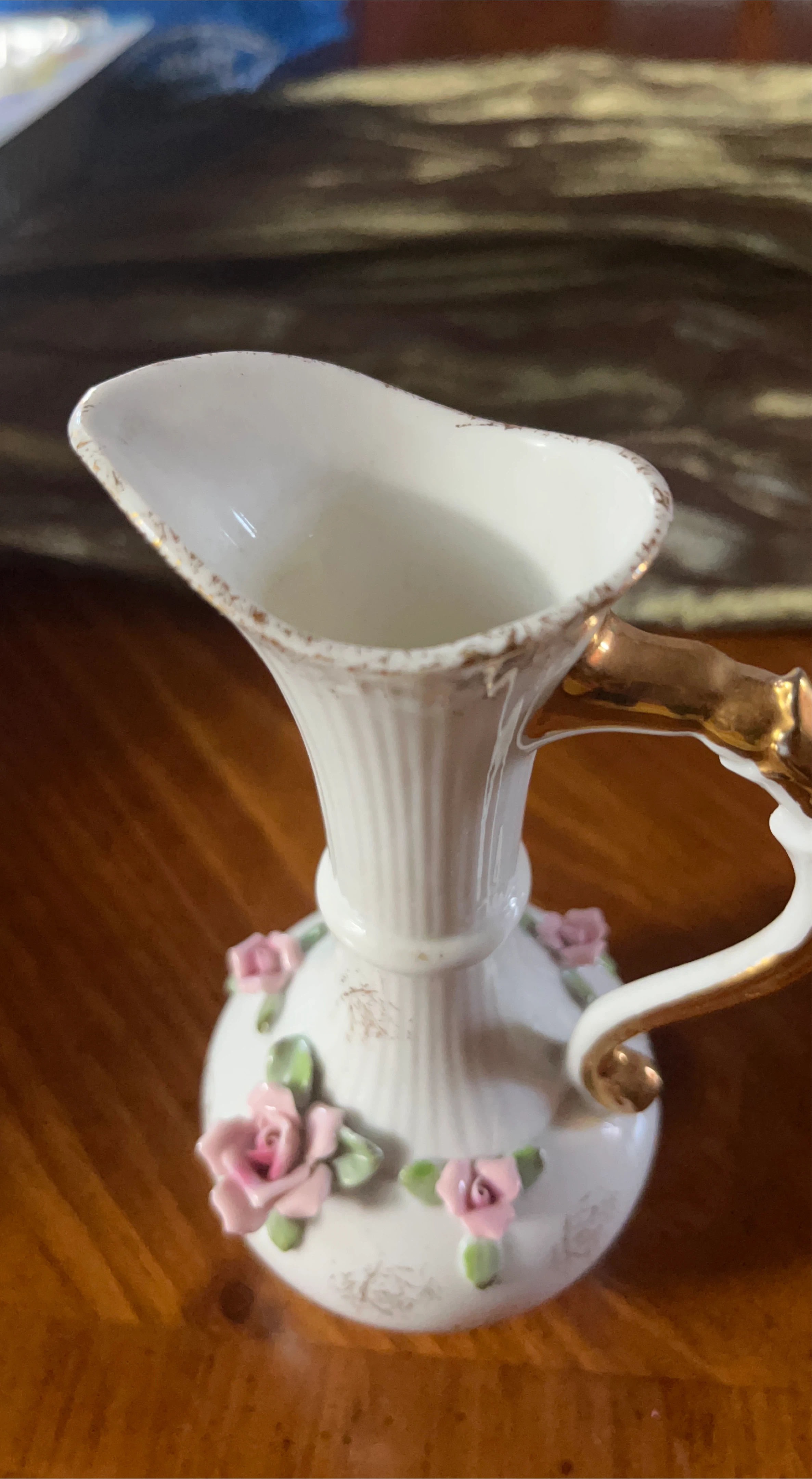 White Ceramic Pitcher with Pink Roses and Gold Trim
