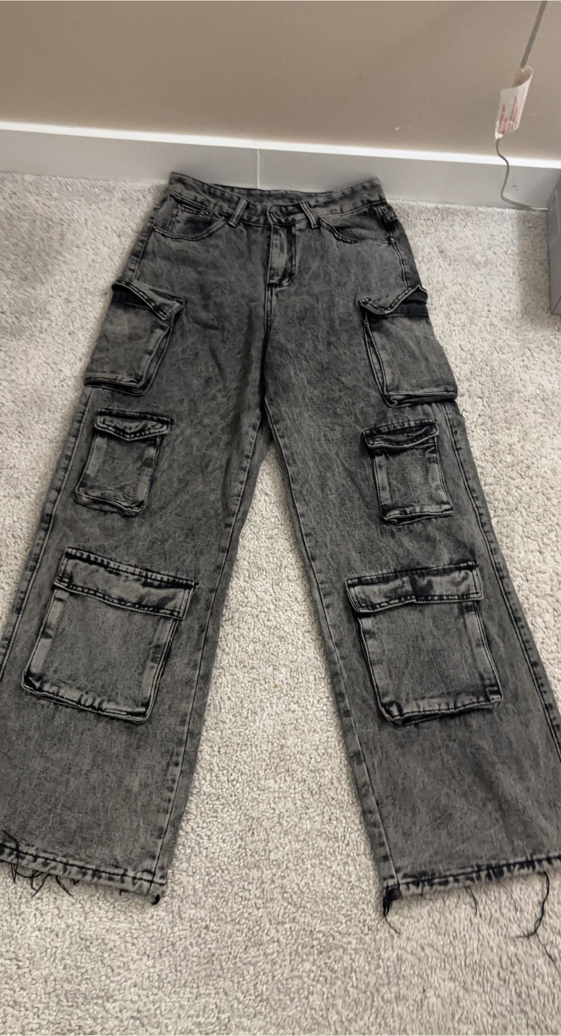 Grey Wash Wide Leg Cargo Pants