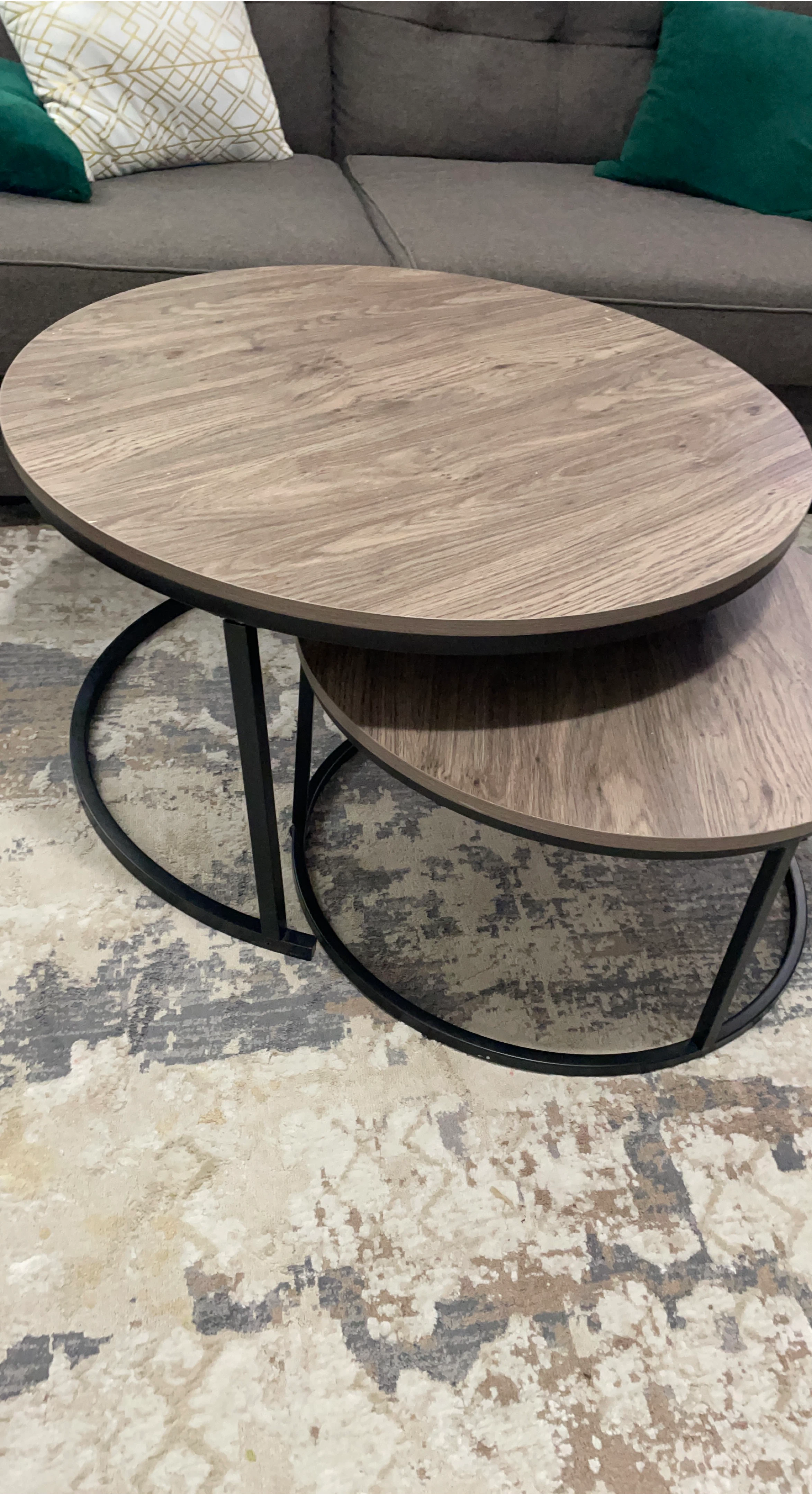 Nesting Coffee Tables - Round Wood Look Tops, Black Metal Legs