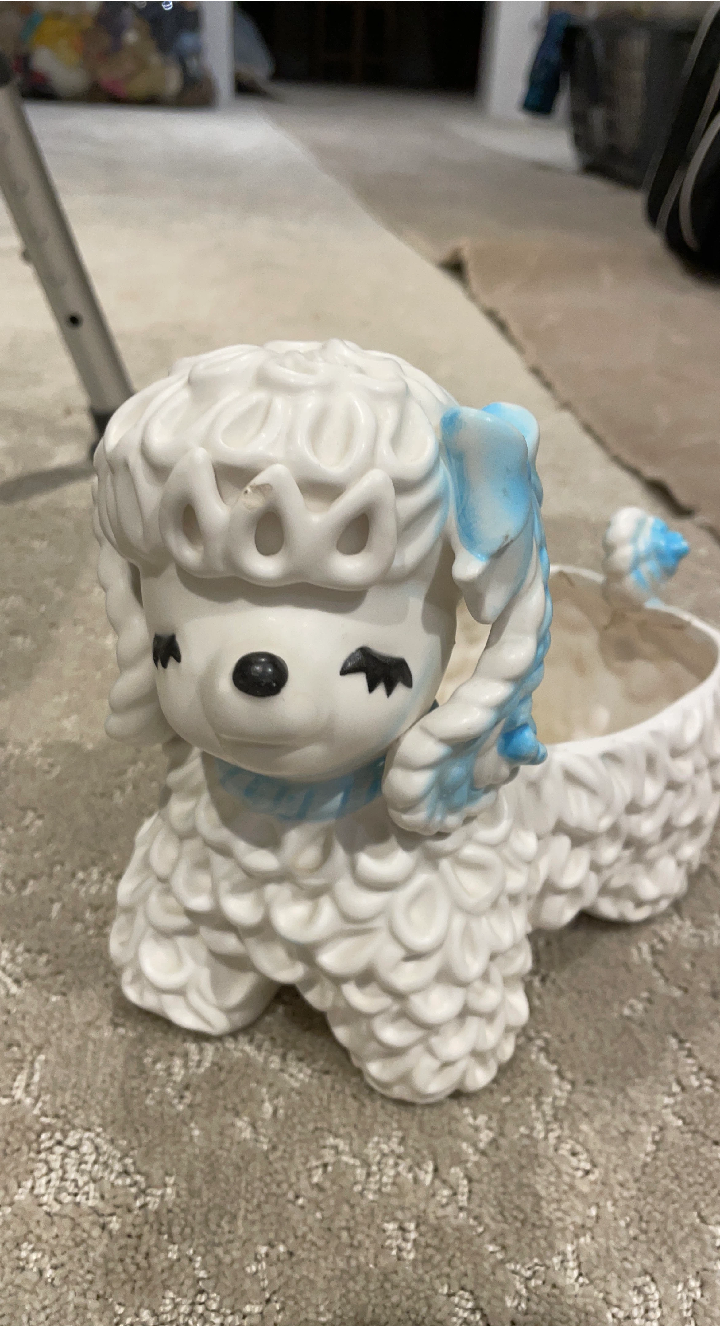 White Poodle Ceramic Planter with Blue Accents