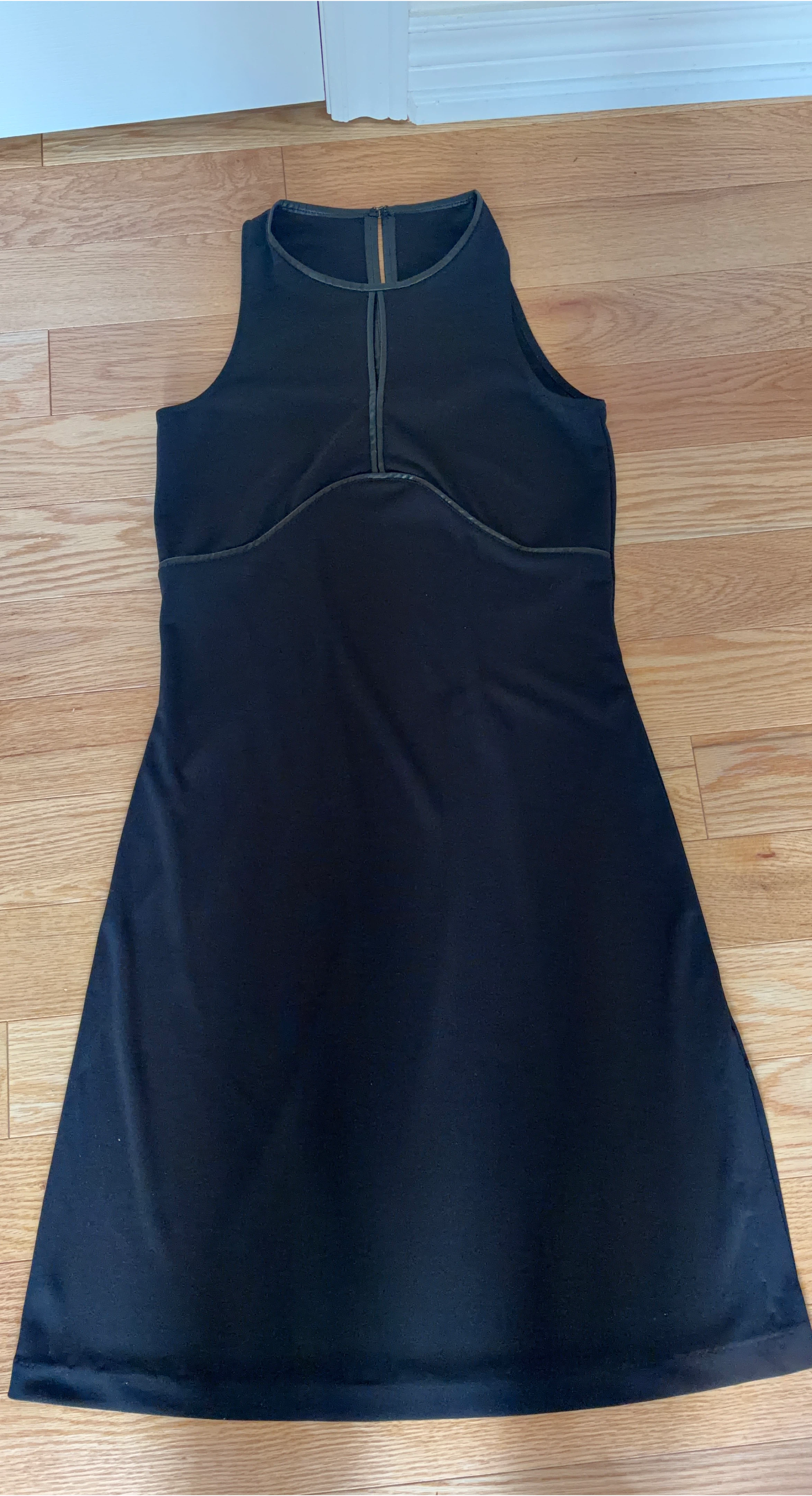Black Sleeveless Dress with Faux Leather Trim