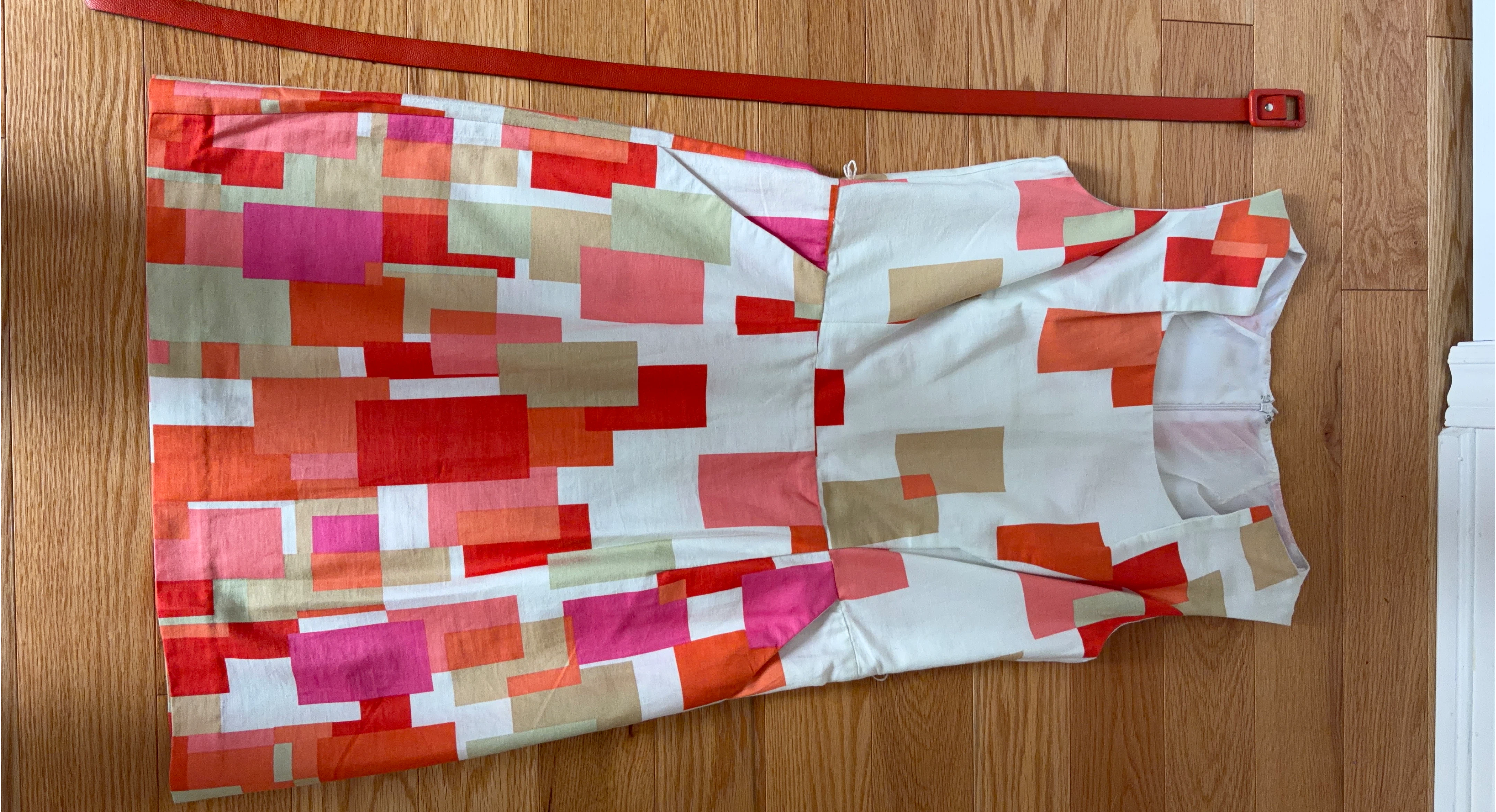 Colourful Block Print Dress with Red Belt