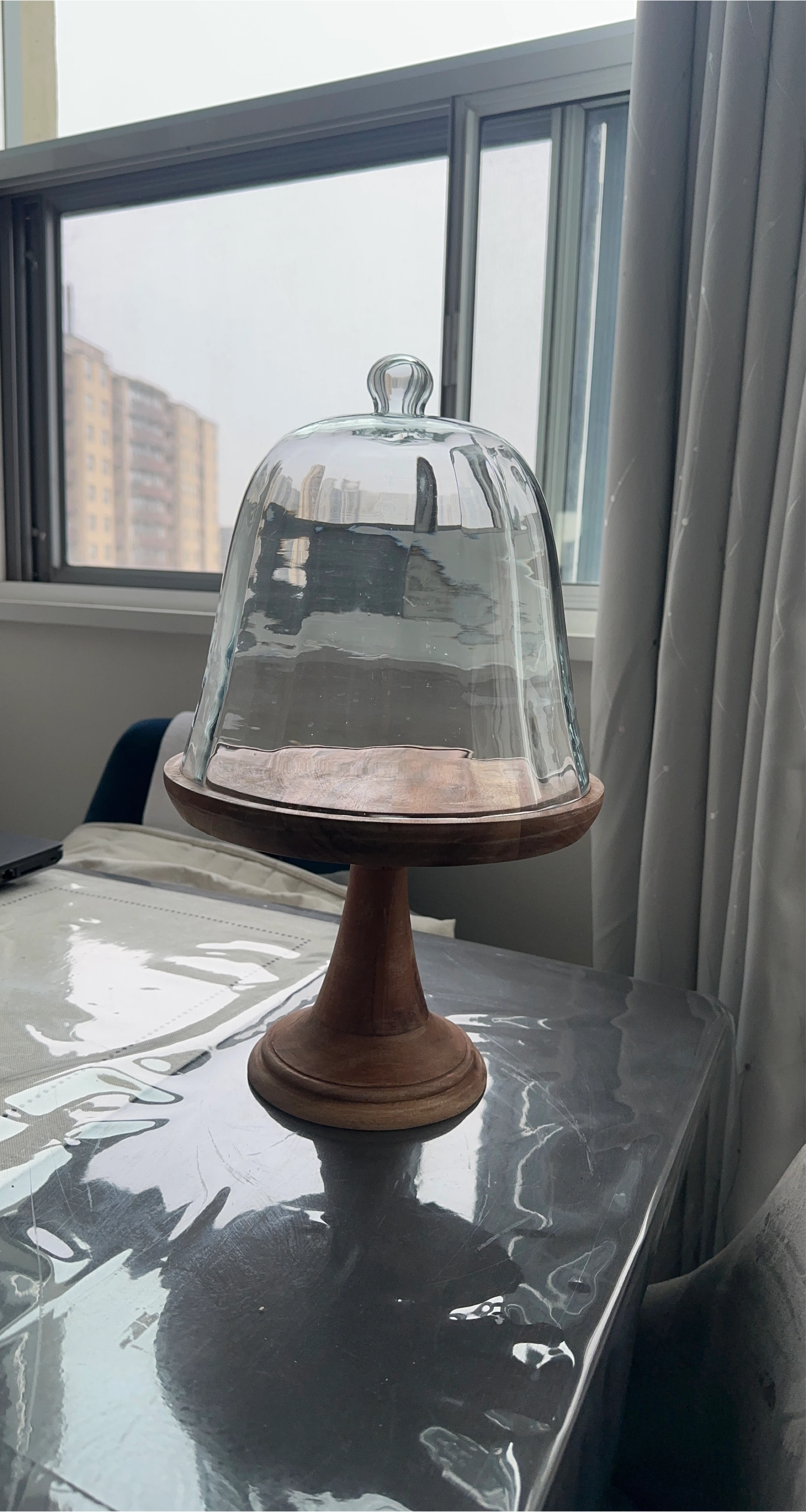 Glass Dome Cake Stand with Wooden Base
