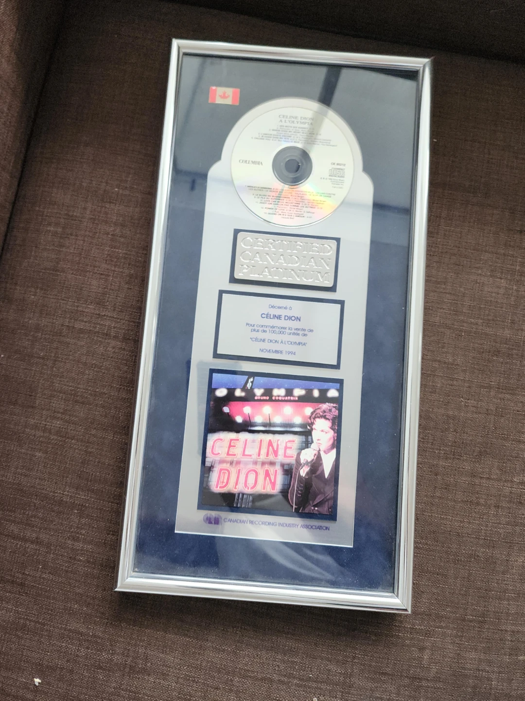 Celine Dion Certified Canadian Platinum "A L'Olympia" Award