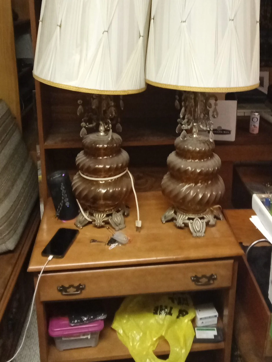 Vintage Amber Glass Table Lamps with Crystal Accents (Pair)