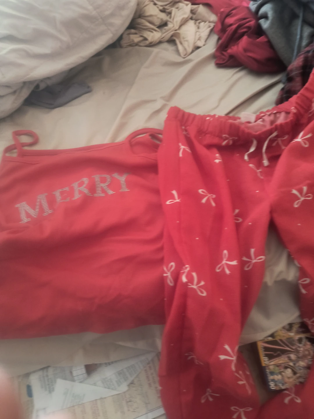 Red Pajama Set with 'Merry' Graphic and Bow Print