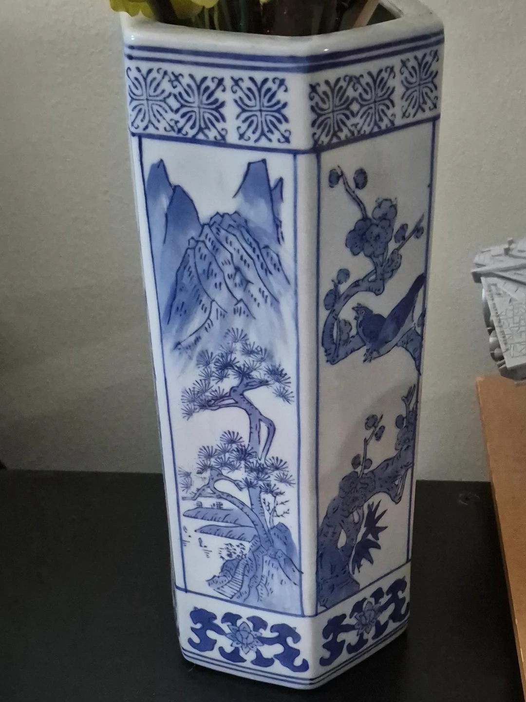 Blue and White Octagonal Vase with Mountain and Bird Scene