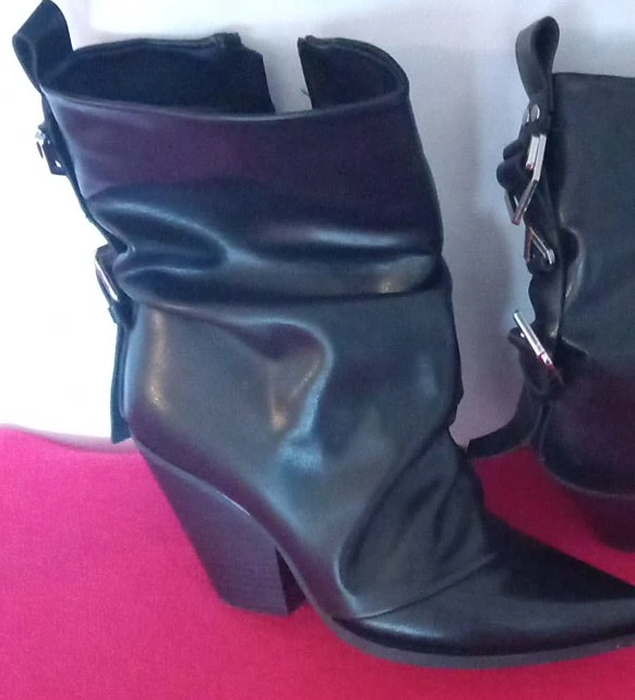 Black Faux Leather Slouchy Boots with Buckle Detail