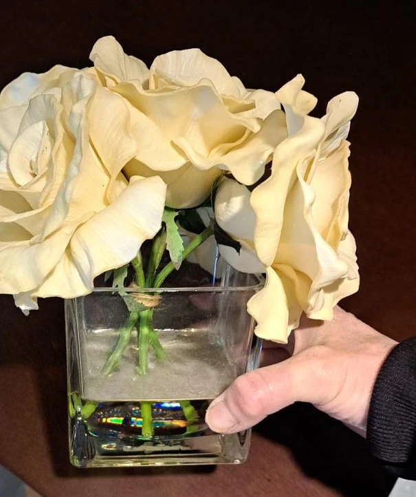 Artificial Cream Roses in Glass Vase