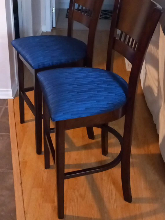 Wooden Bar Stools with Blue Upholstered Seats (Set of 2)