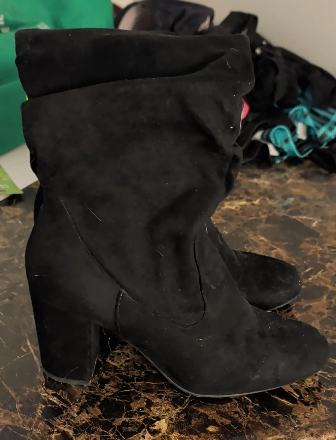 Black Suede-like Block Heel Boots