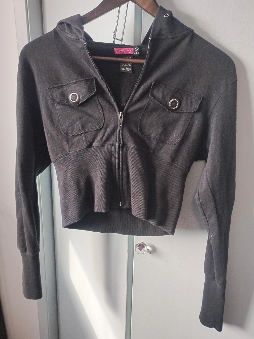 Say What? Black Cropped Zip-Up Hoodie