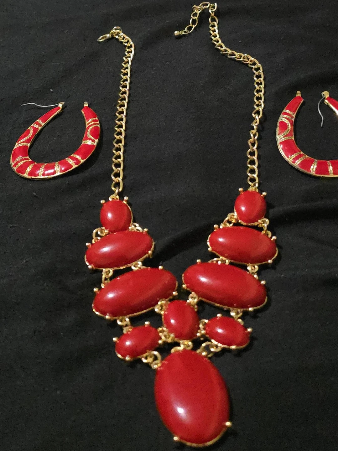 Red & Gold Statement Necklace and Hoop Earrings Set