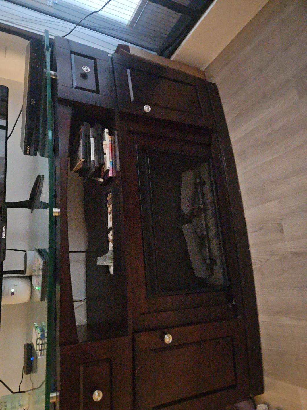 Dark Wood TV Stand with Glass Top and Electric Fireplace
