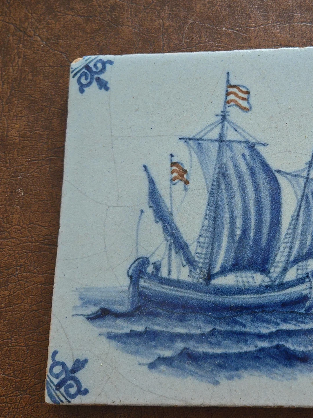 Vintage Blue and White Ceramic Tile with Sailing Ship