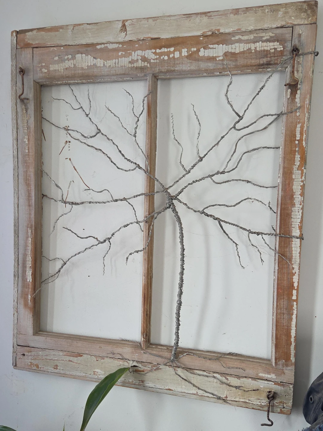Rustic Window Frame with Wire Tree Art