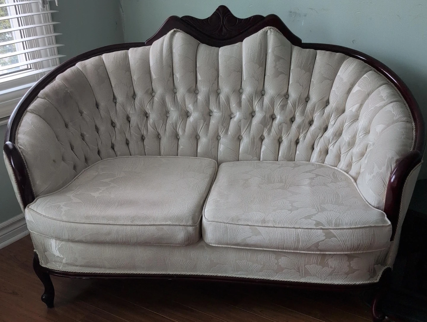 Vintage Loveseat Sofa - Cream Damask Fabric
