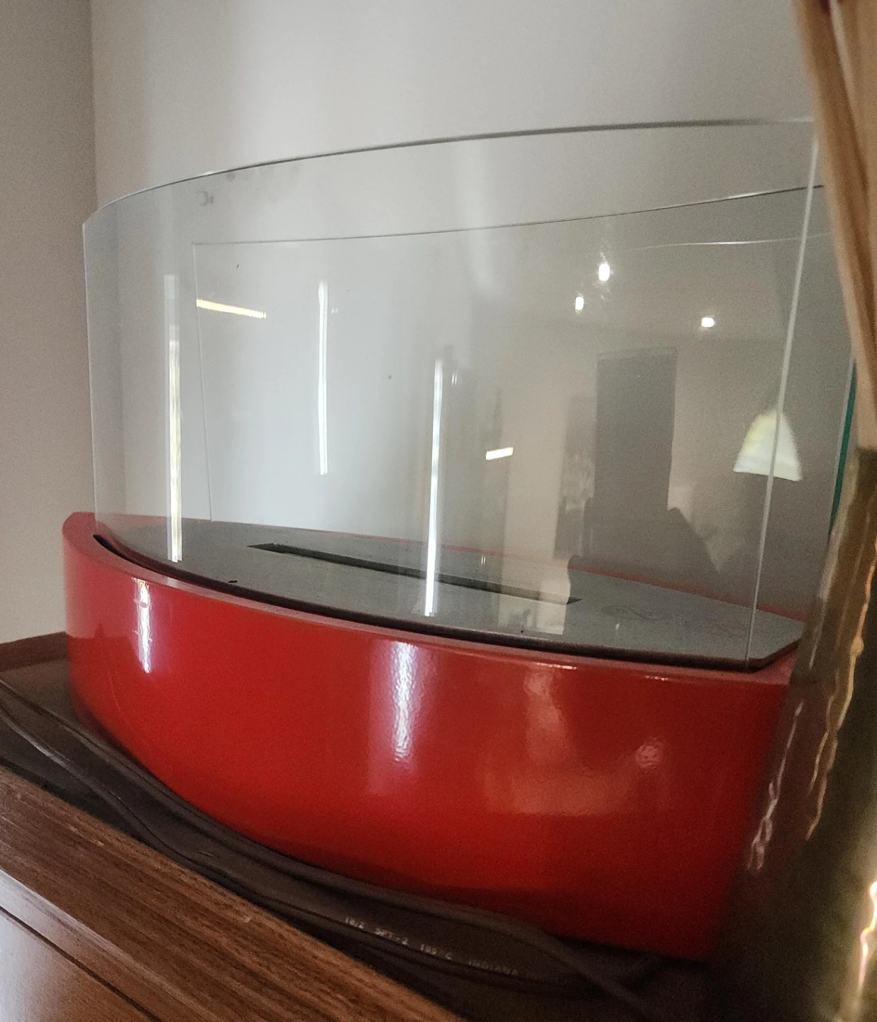 Red Curved Glass Tabletop Fireplace
