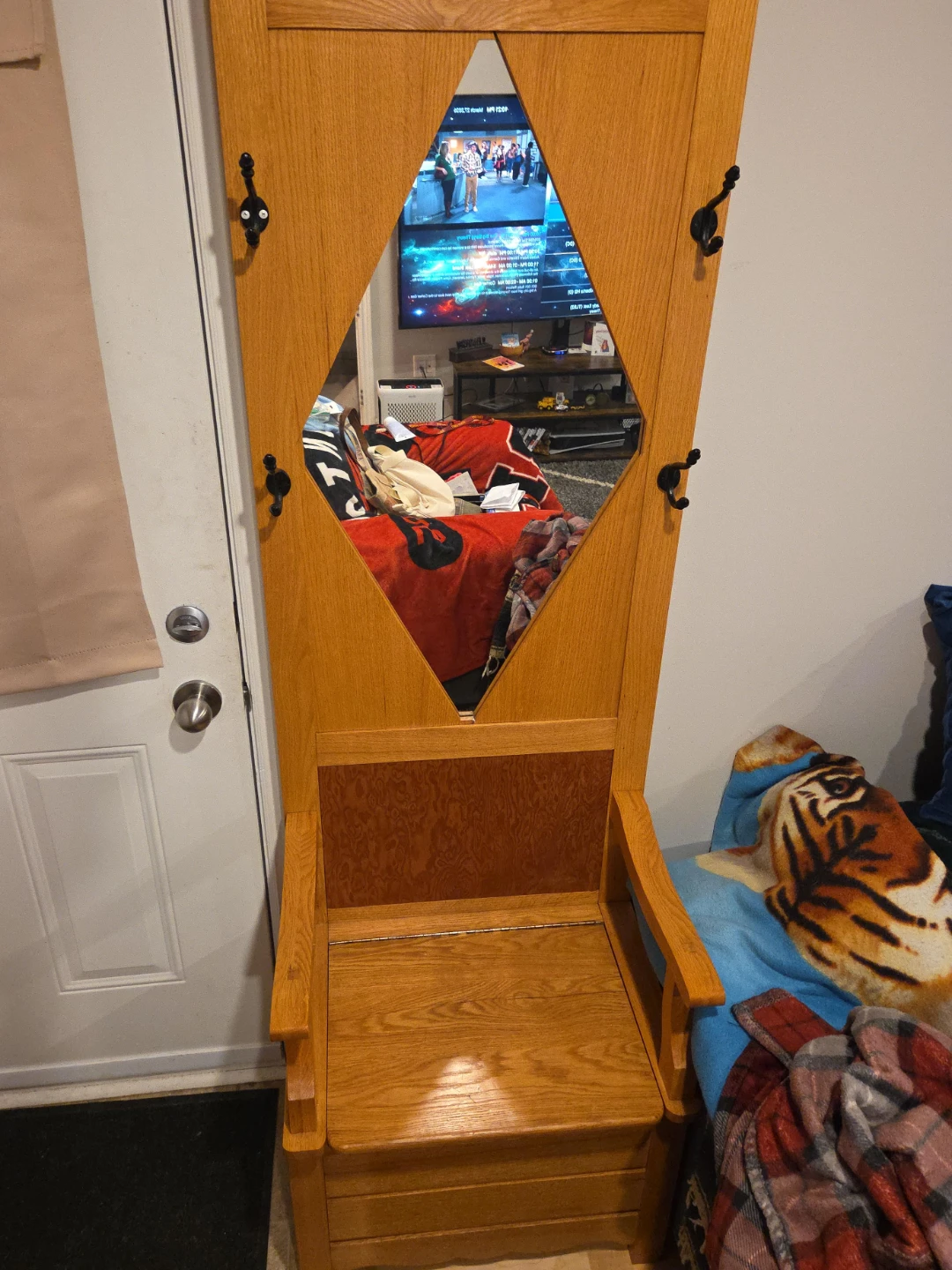 Oak Hall Tree with Mirror and Storage Bench