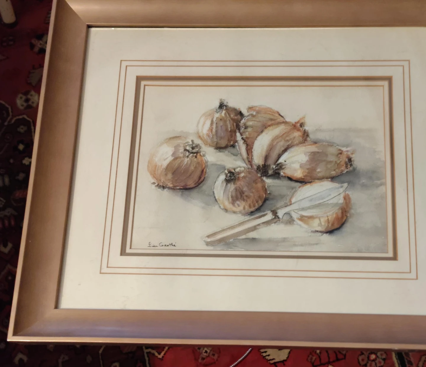 Framed Watercolor Painting of Onions and Knife