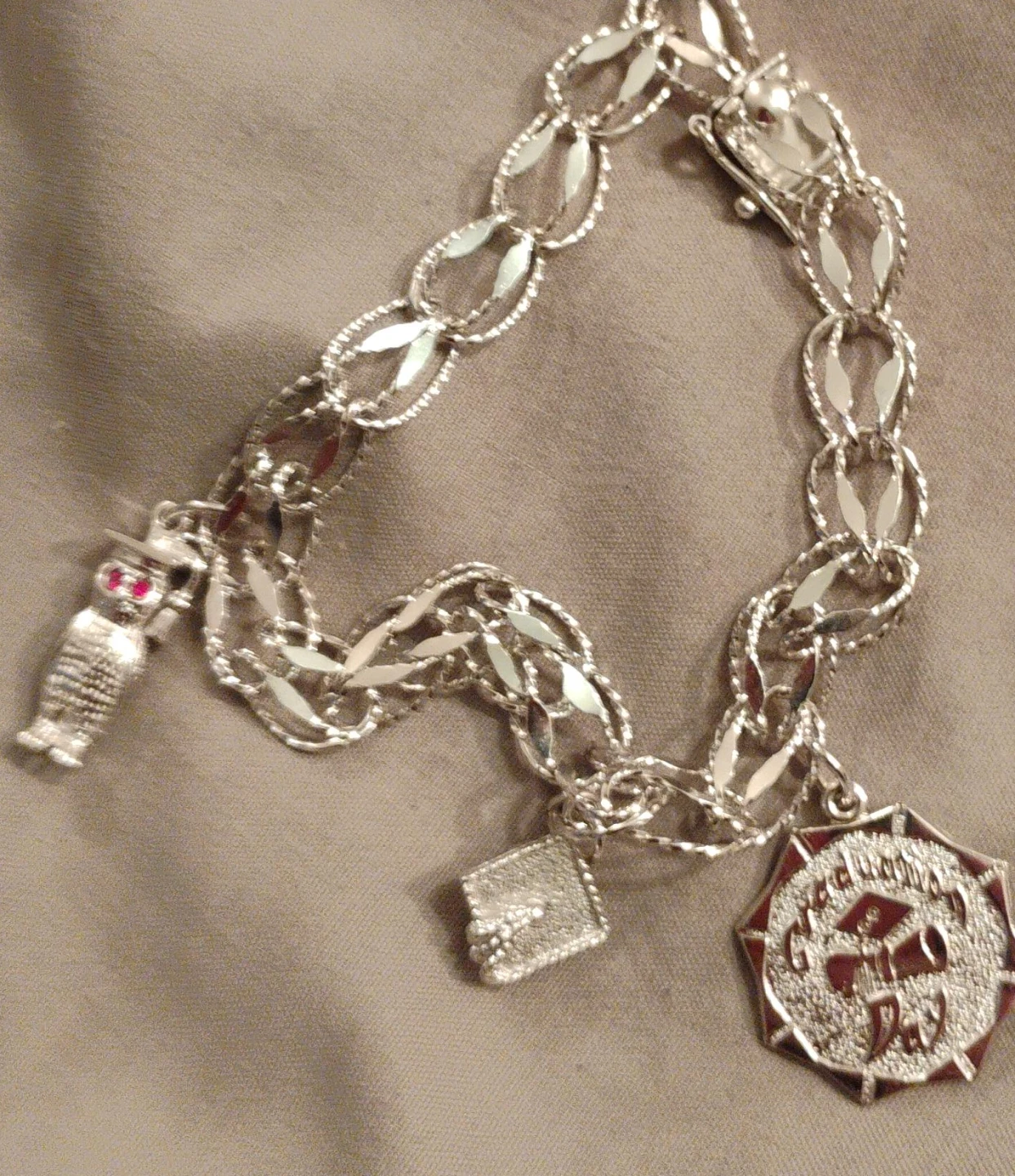 Silver Tone Charm Bracelet with Graduation and Owl Charms