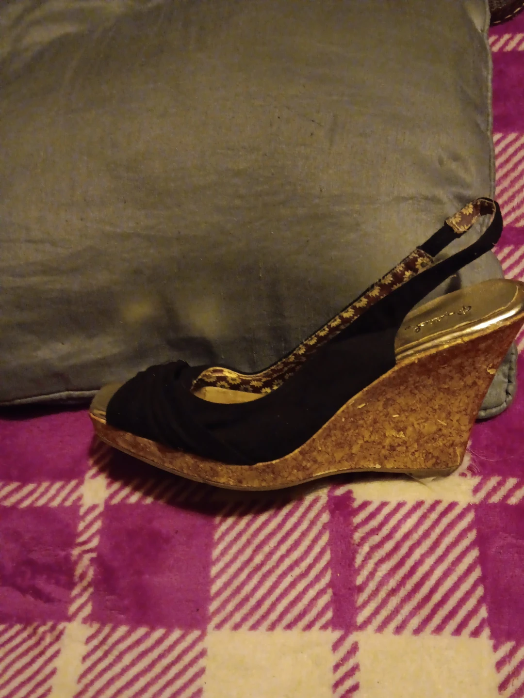 Black Slingback Wedge Heels with Cork Wedge