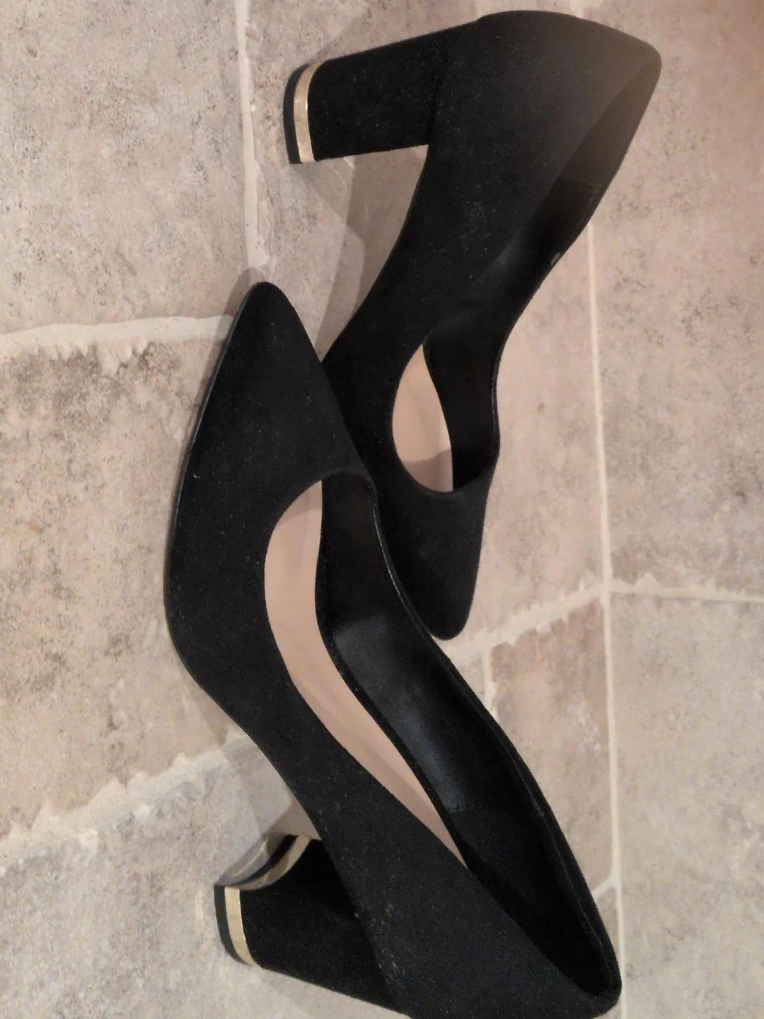 Black Block Heel Pumps with Gold Detail