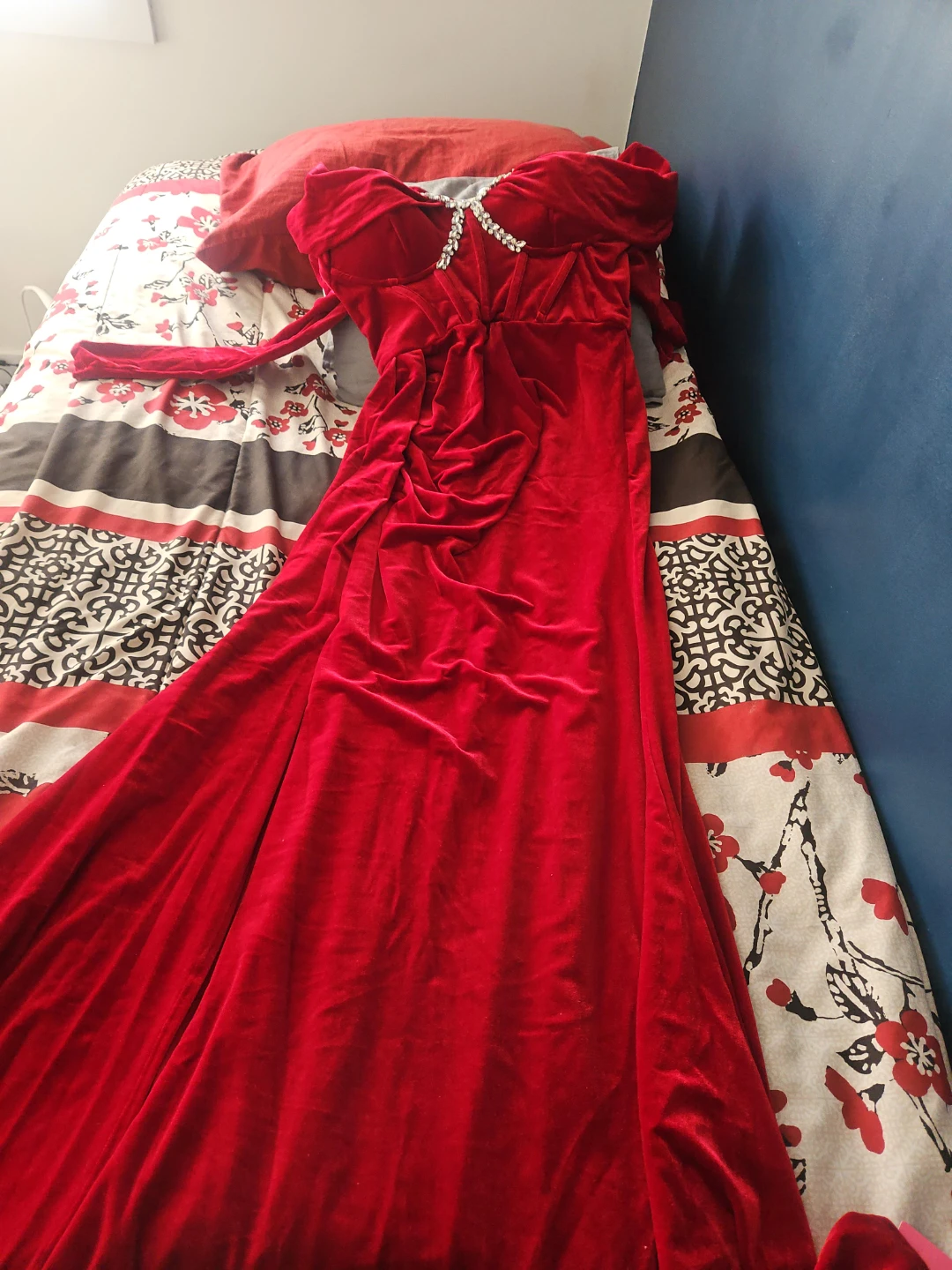 Red Velvet Off-the-Shoulder Gown with Rhinestone Embellishment