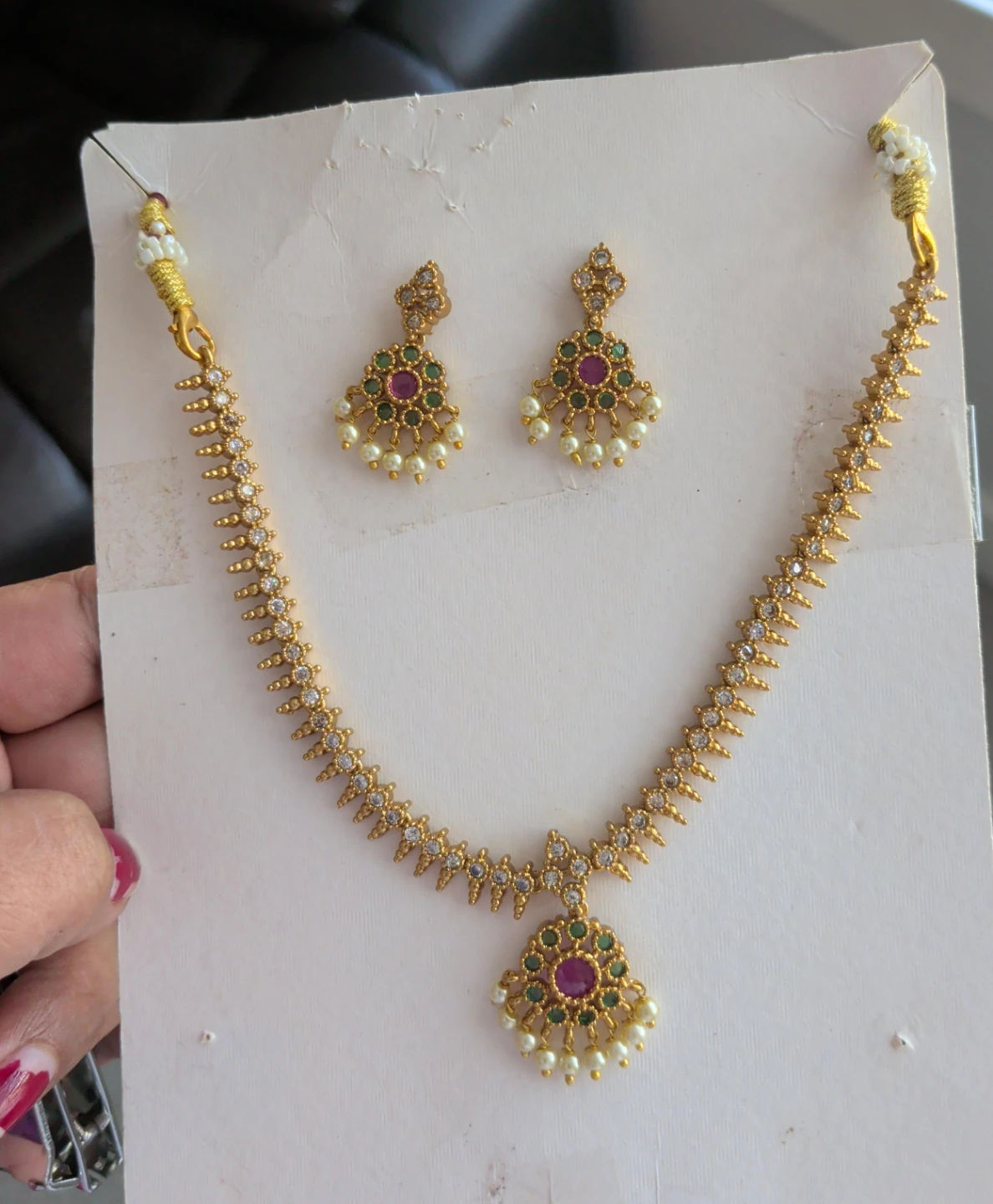 Gold Tone Necklace and Earrings Set with Faux Pearls