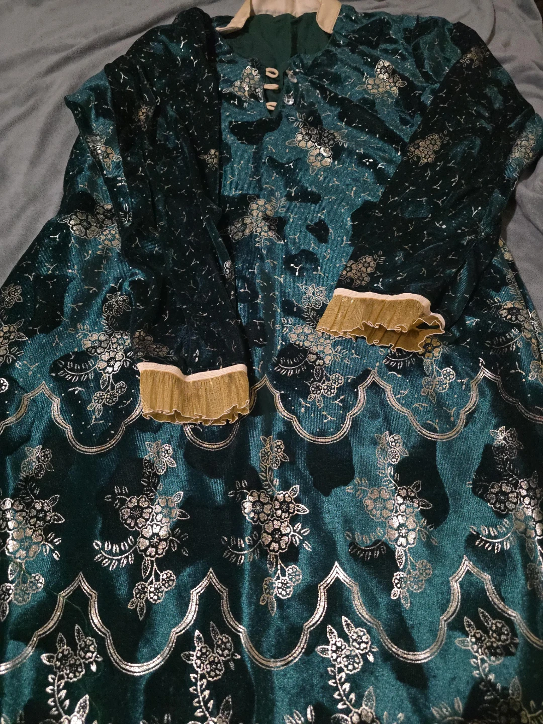 Green Velvet Long Sleeve Dress with Gold Floral Embroidery