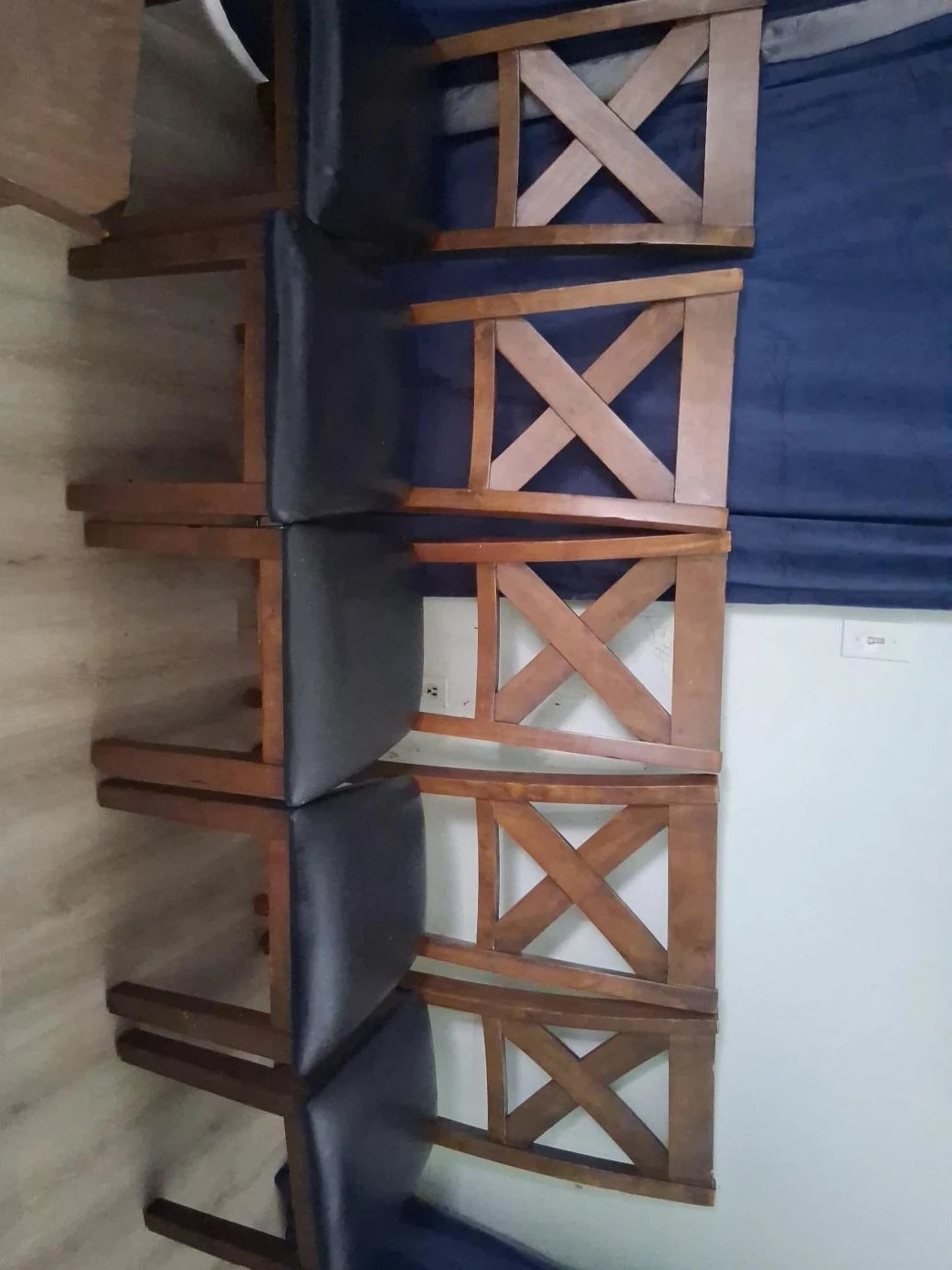 Set of 4 Wooden Dining Chairs with Blue Upholstery