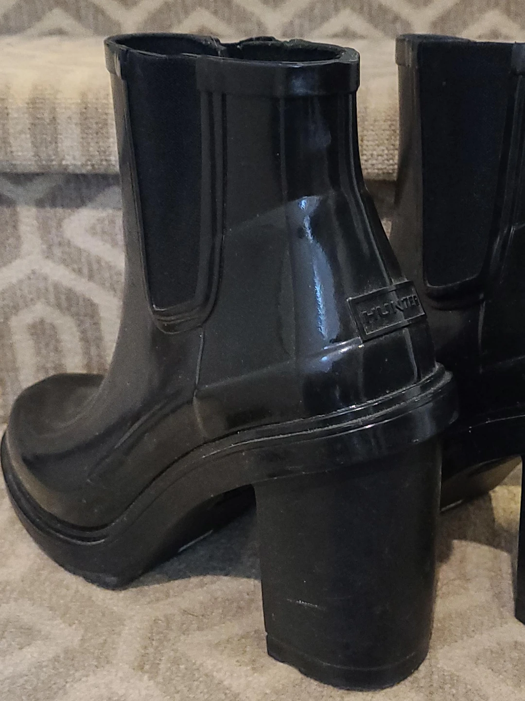 Hunter Black Gloss Heeled Ankle Boots