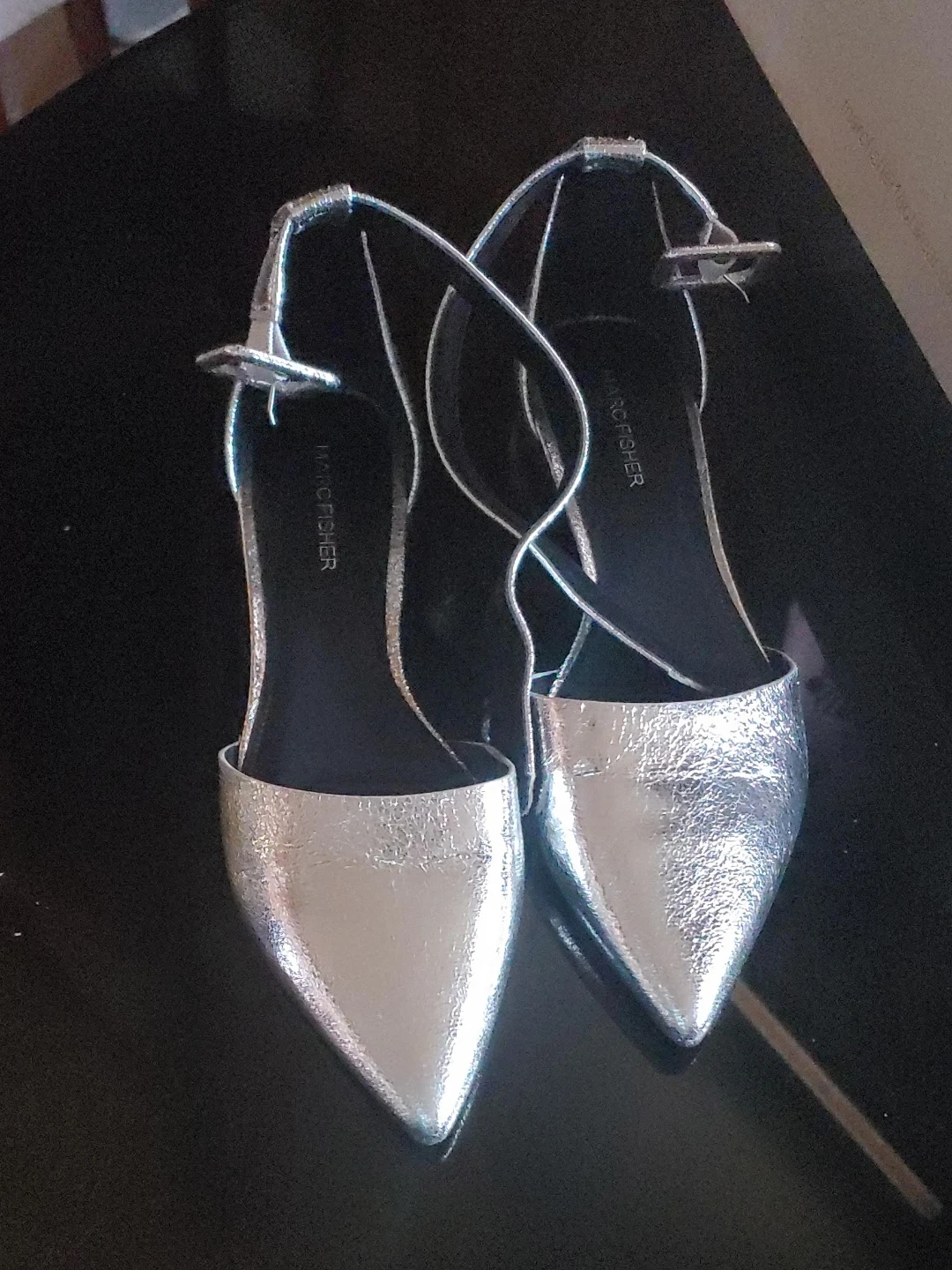 Marc Fisher Silver Pointed Toe Ankle Strap Heels