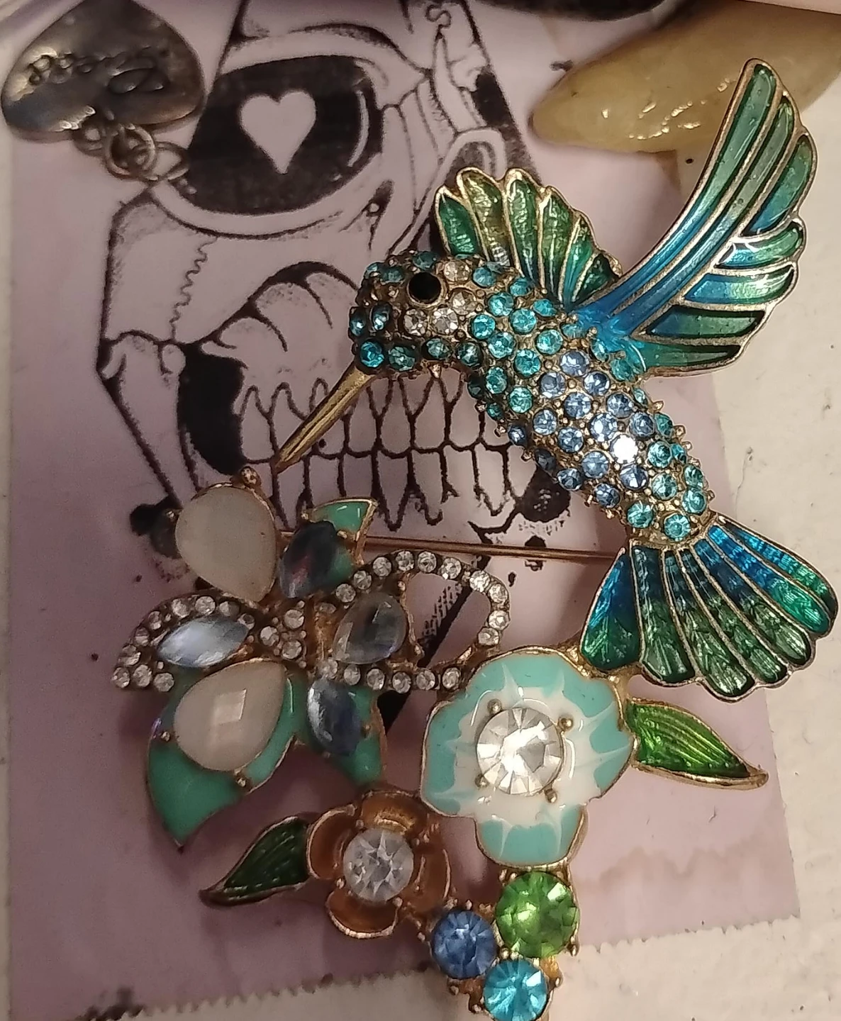 Hummingbird and Flower Brooch