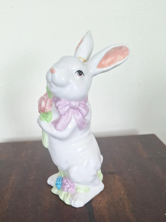 Ceramic Easter Bunny Figurine with Flowers
