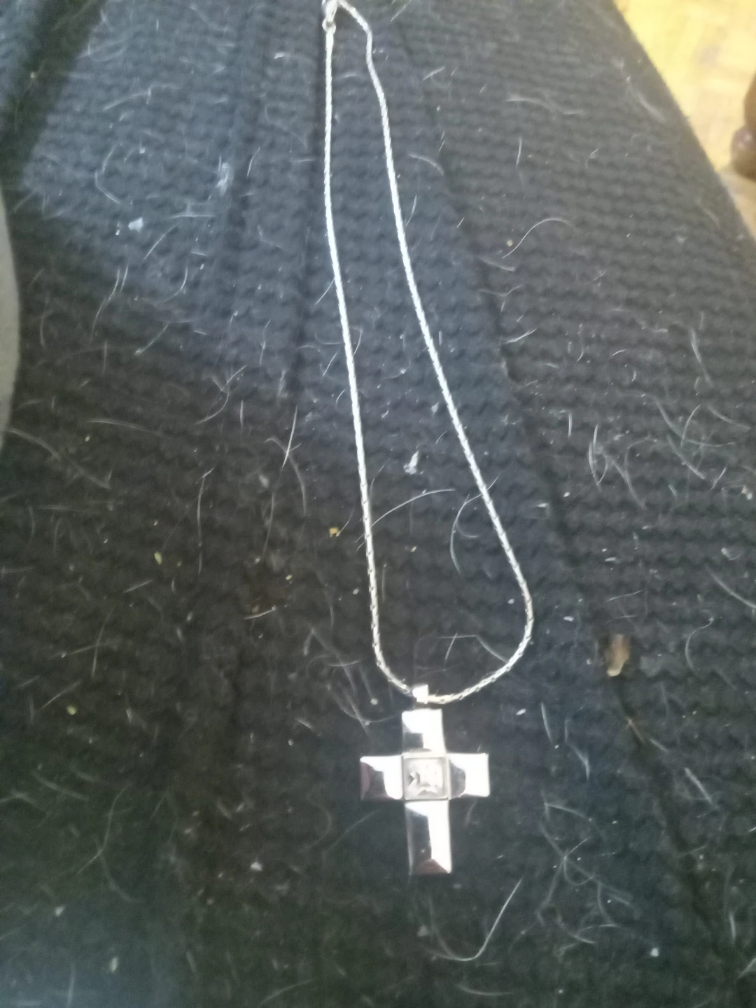 Silver Tone Cross Pendant Necklace with Clear Gemstone