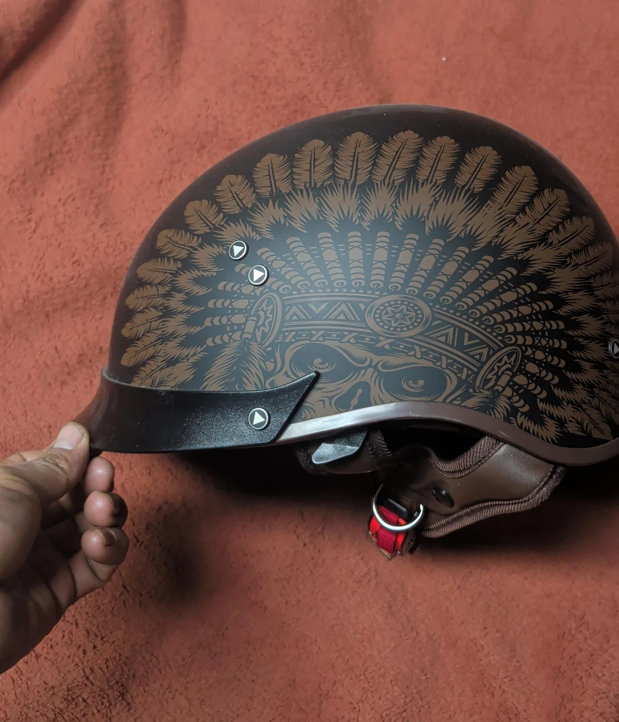 Brown Motorcycle Helmet with Feather Design