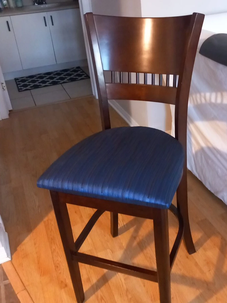 Wooden Bar Stool with Blue Upholstered Seat