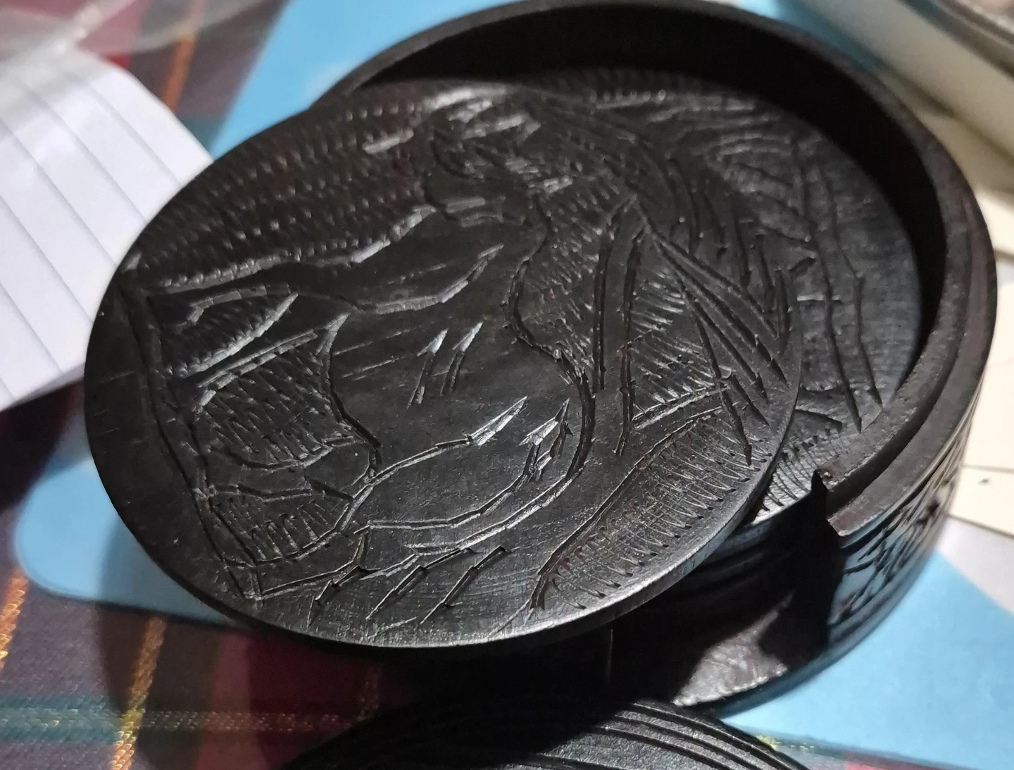 Vintage Carved Wooden Coasters with Holder