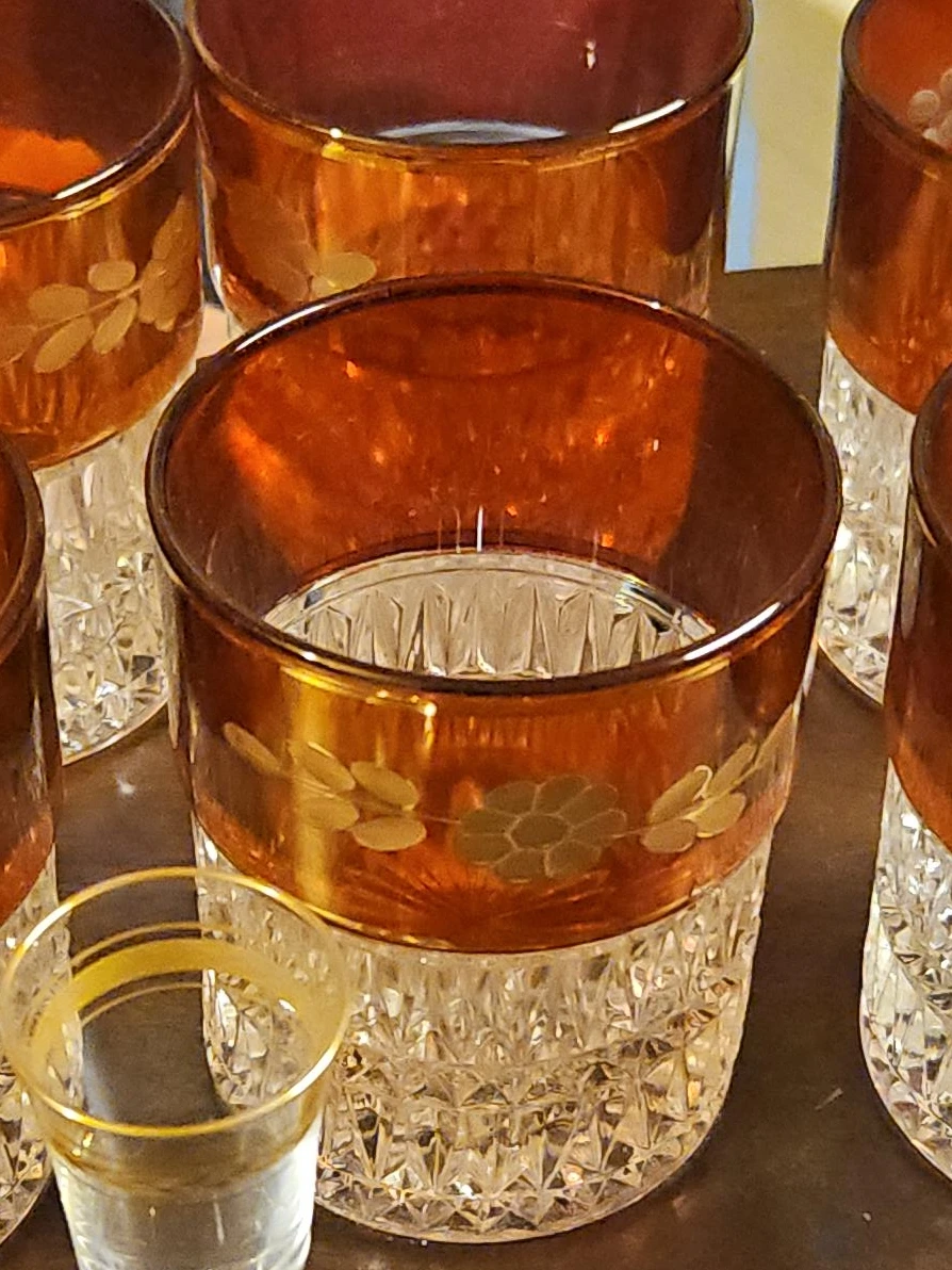Set of 6 Amber Glass Tumblers with Floral Etching