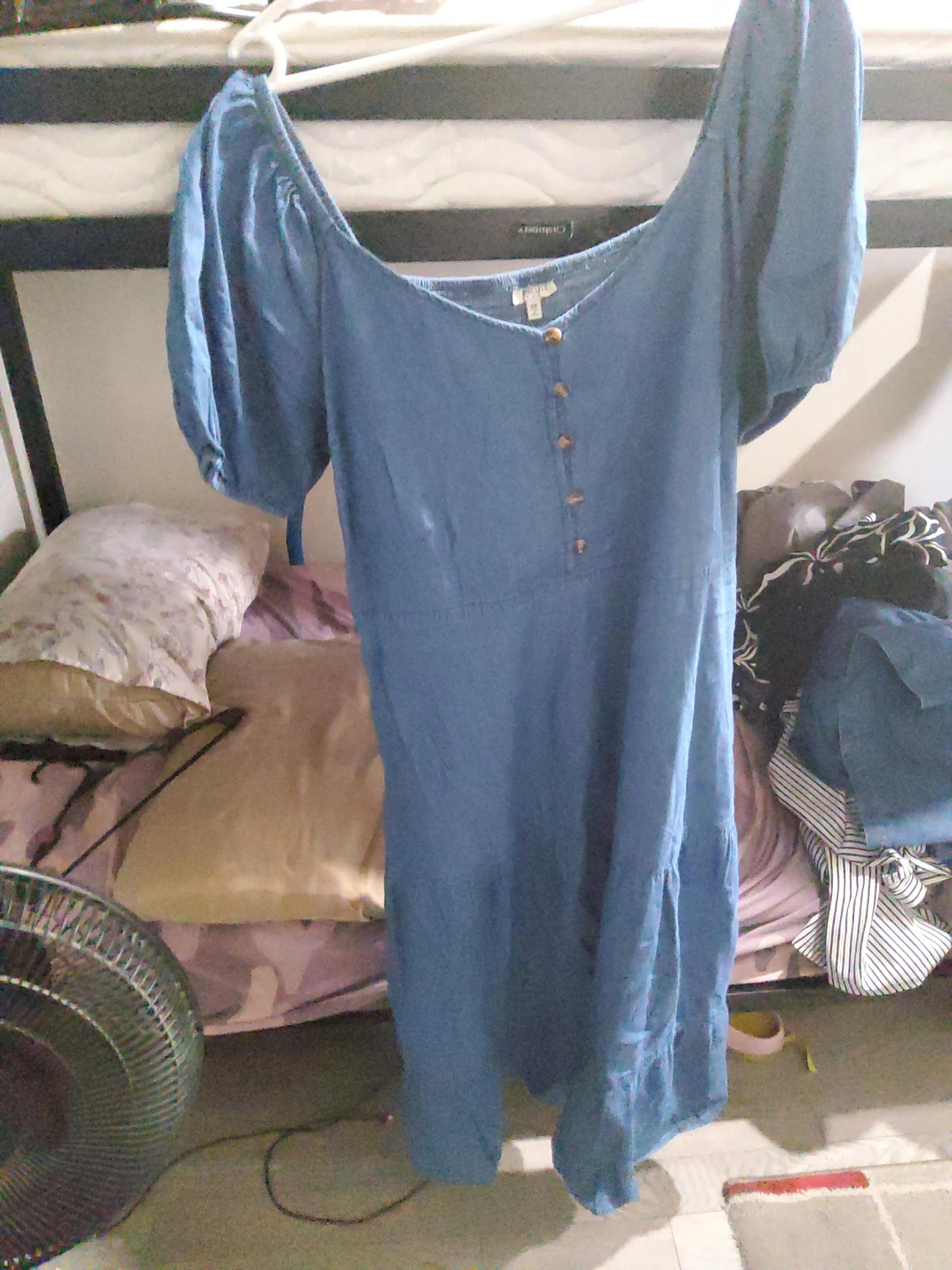 Blue Puff Sleeve Button-Up Dress