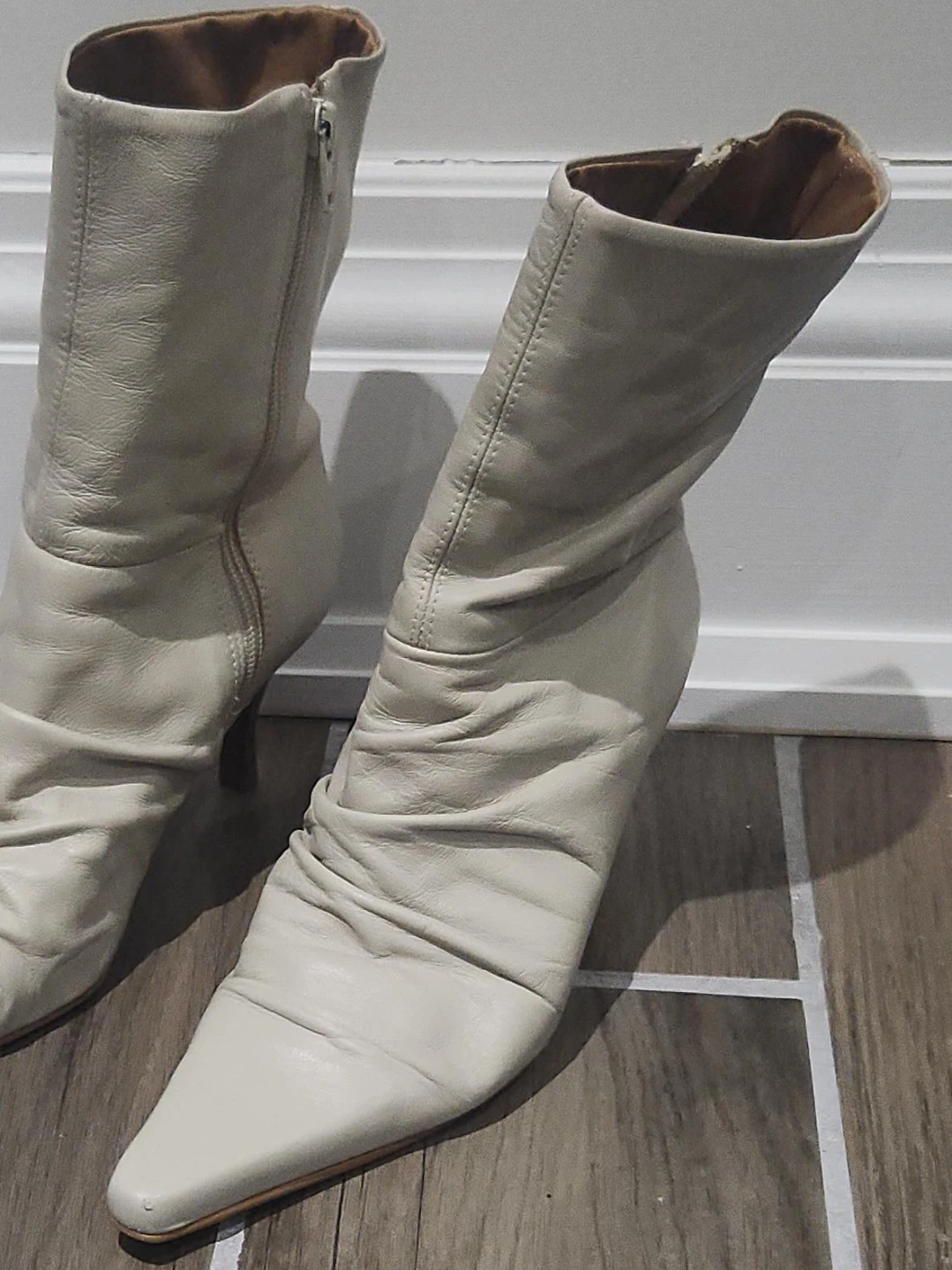 Cream Leather Ruched Ankle Boots