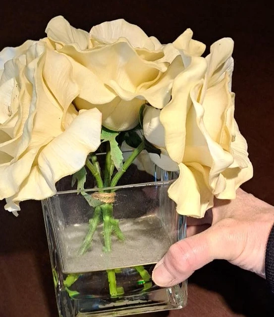 Artificial Cream Roses in Glass Vase