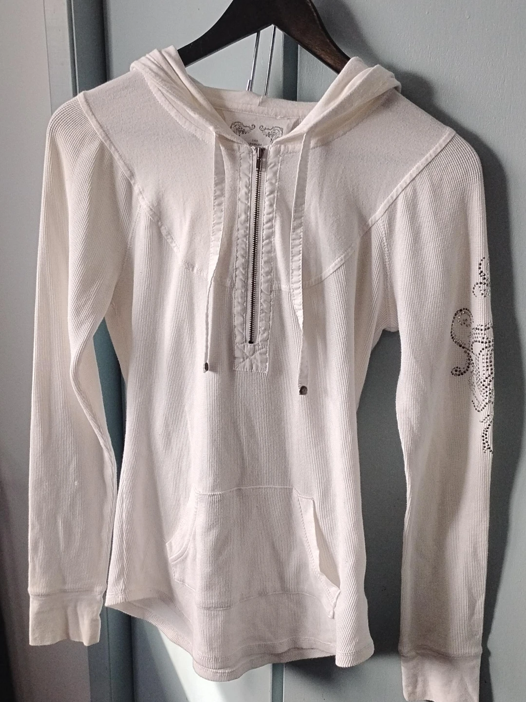 Women's White  guess Thermal Hoodie with Embellished Sleeve