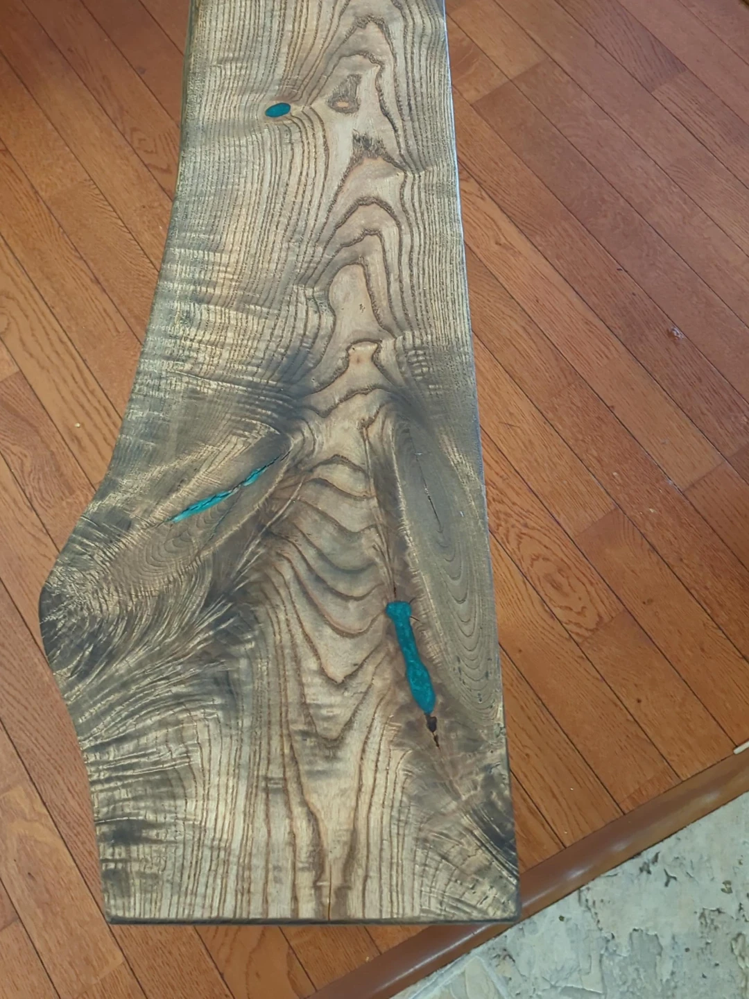 Live Edge Wood Bench with Teal Inlays