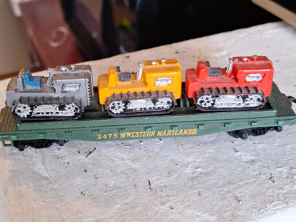 Model Train Flatbed Car with 3 Bulldozers