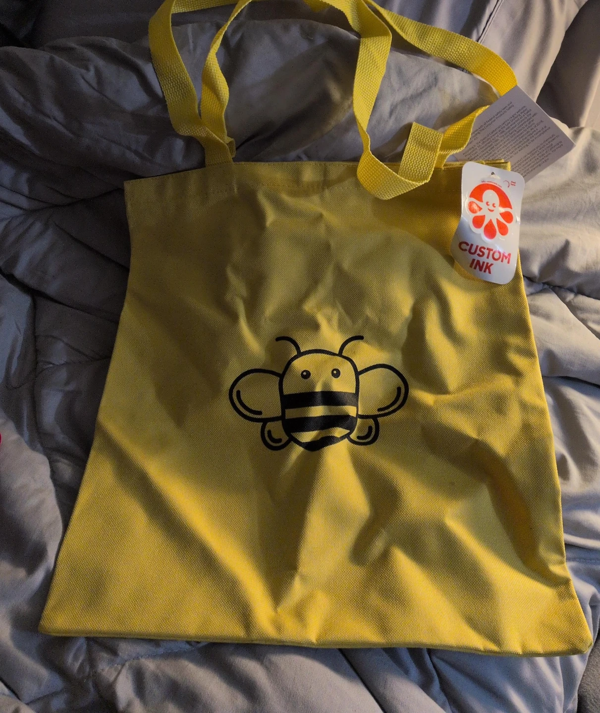 Custom Ink Yellow Tote Bag with Bee Design