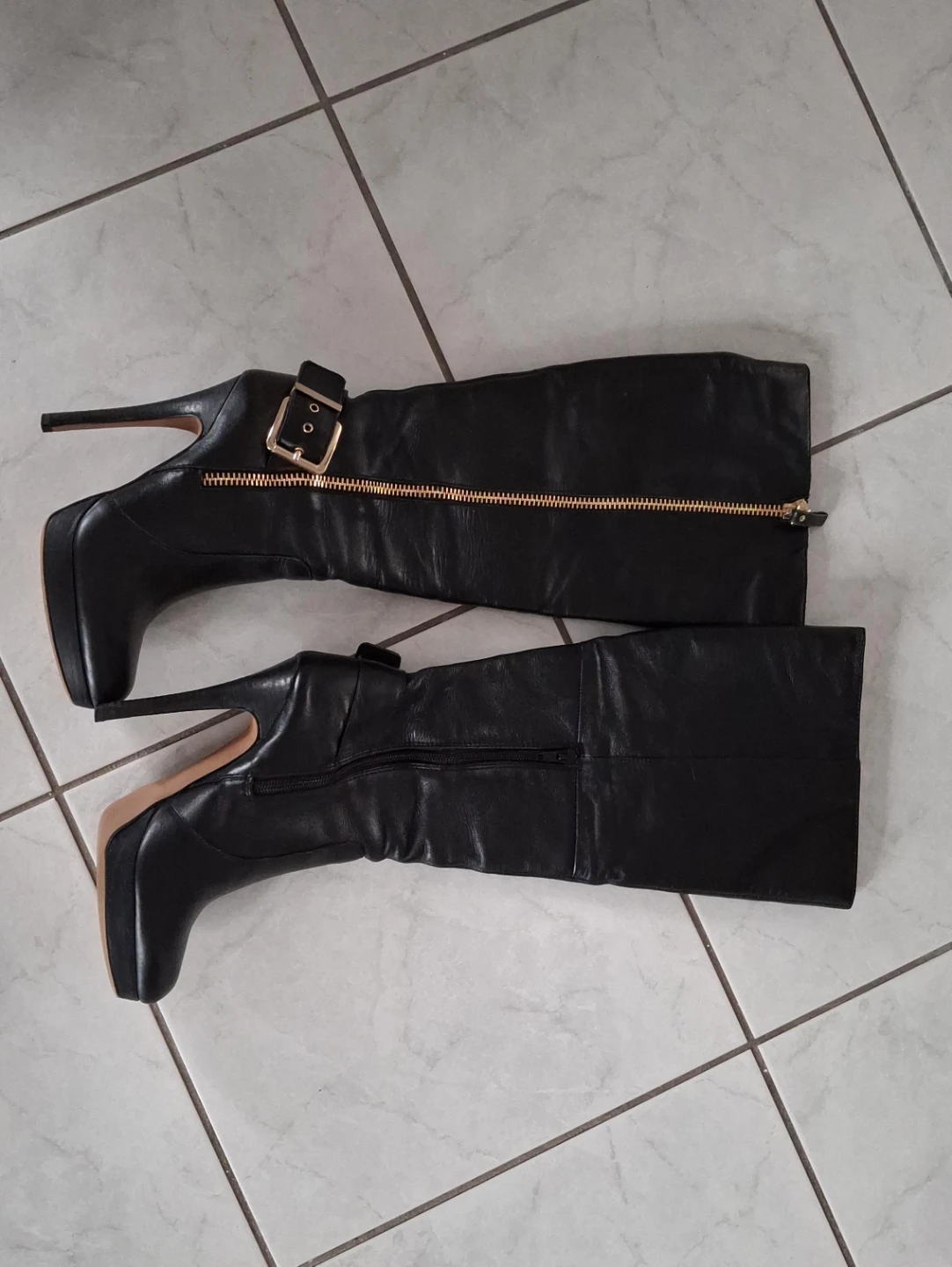 Black Leather Stiletto Boots with Gold Zipper