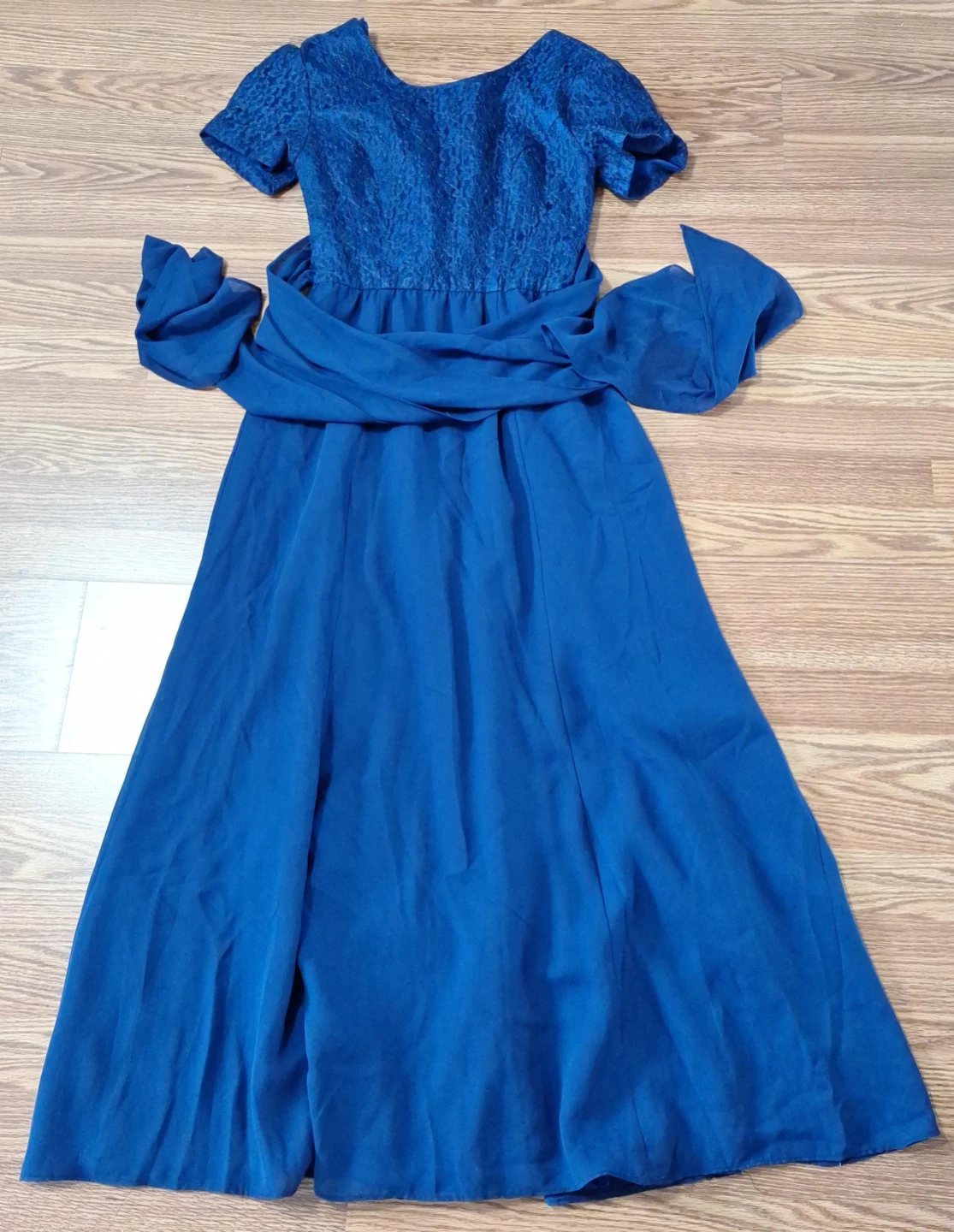 Blue Lace Bodice Dress with Sash