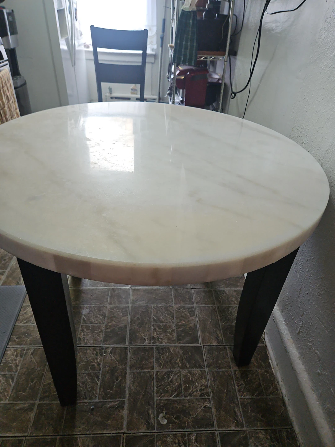 Oval Marble Top Dining Table with Dark Wood Legs